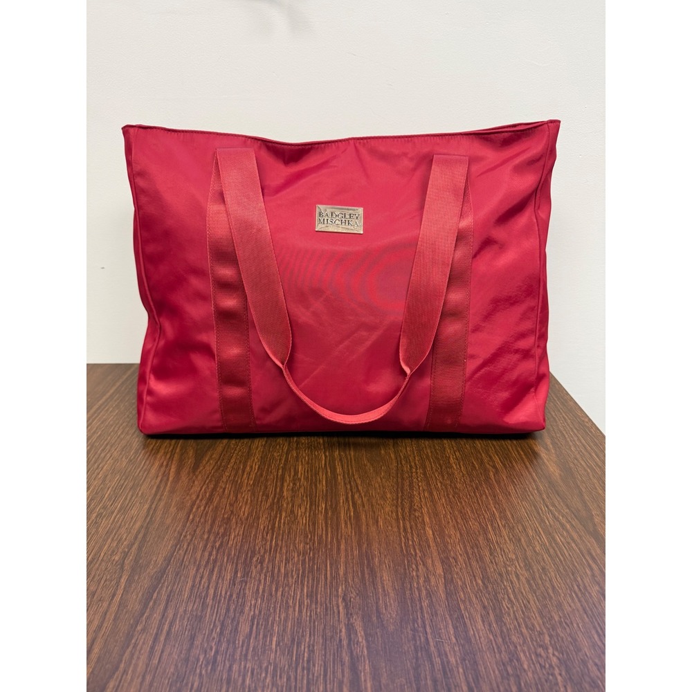Badgley Mischka Red Nylon Tote Bag Gold Hardware Travel Weekender Large